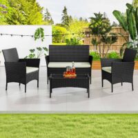 Rattan Garden Furniture 4 Piece Patio Set with 2 Single Chairs, 1 Double Sofa and 1 Table Black