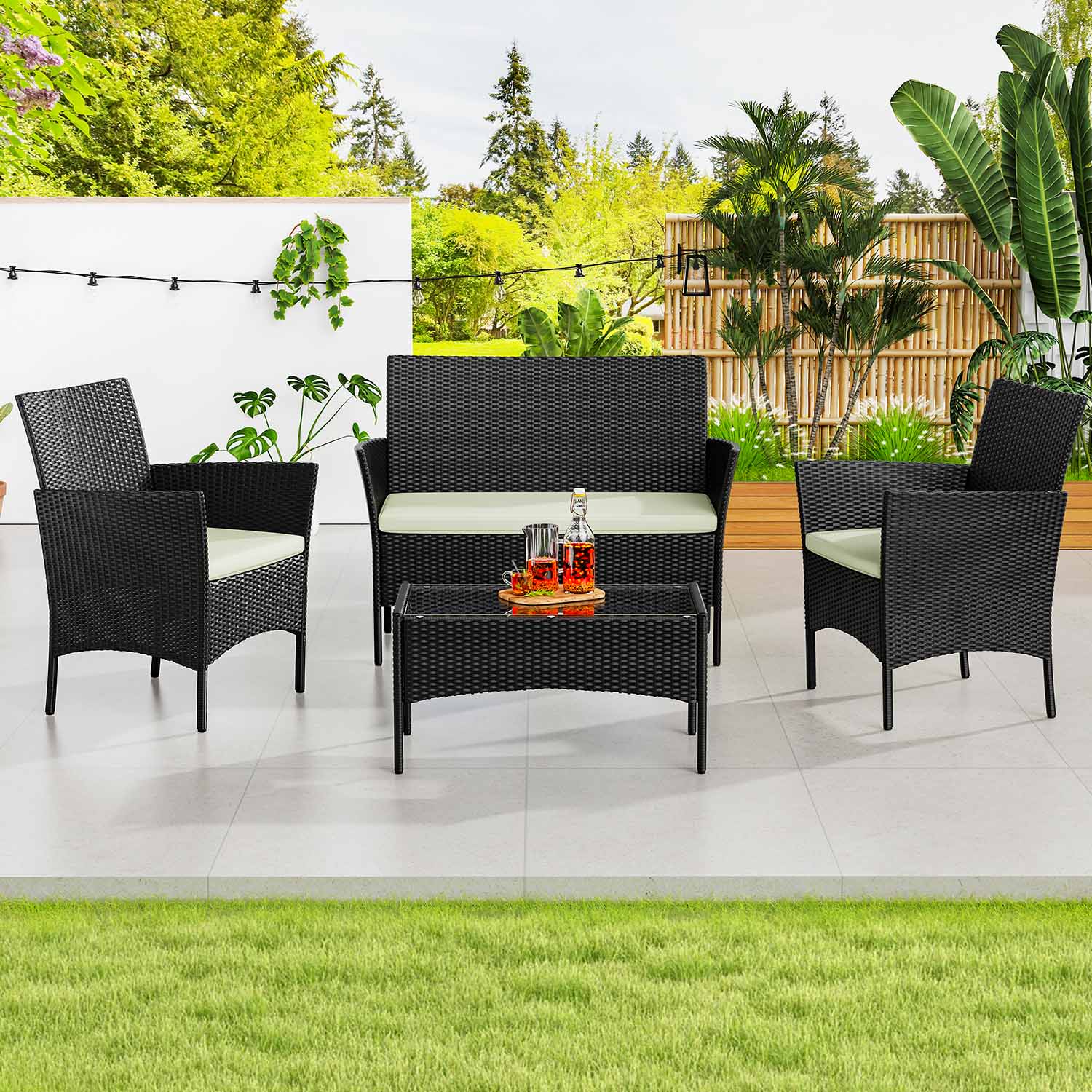 Rattan Garden Furniture 4 Piece Patio Set with 2 Single Chairs, 1 Double Sofa and 1 Table Black