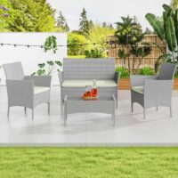 Outdoor Furniture 4 Piece PE Rattan Patio Set with Armchairs Double Sofa Table Cushion Grey