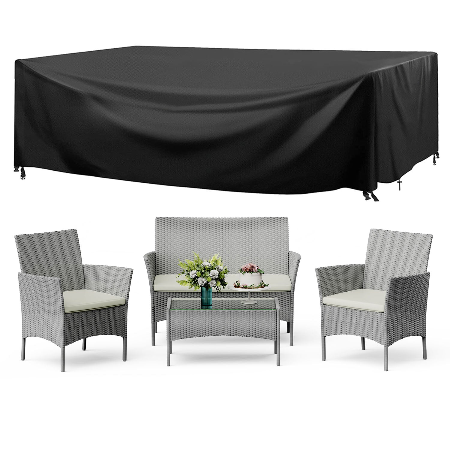4 Piece Rattan Furniture Outdoor Patio Set Garden Table Chairs with Protective Cover Grey