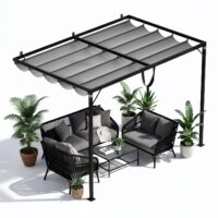 2mx3m Metal Pergola Outdoor Gazebo with Retractable Roof Canopy Sun Shelter for Backyard Garden Patio, Lean to Wall Type