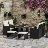 9 Pieces Outdoor Garden Furniture Rattan Cube Dining Set 8 Seater with Cushions Black