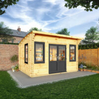 Mercia Helios 11' 5" x 13' 4" Curved Log Cabin - Premium 44mm Cladding Loglap - Grey UPVC