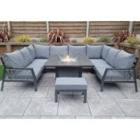 Bessie Glass Top U Shaped Garden Seating Set With Fire Pit In Grey