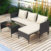 3 Pieces Outdoor Rattan Furniture Patio Sofa Set with Loveseat Lounge Chair Table Black