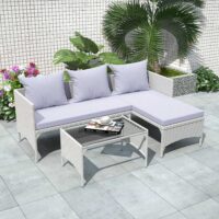 3 Pieces Outdoor Rattan Furniture Patio Sofa Set with Loveseat Lounge Chair Table Grey