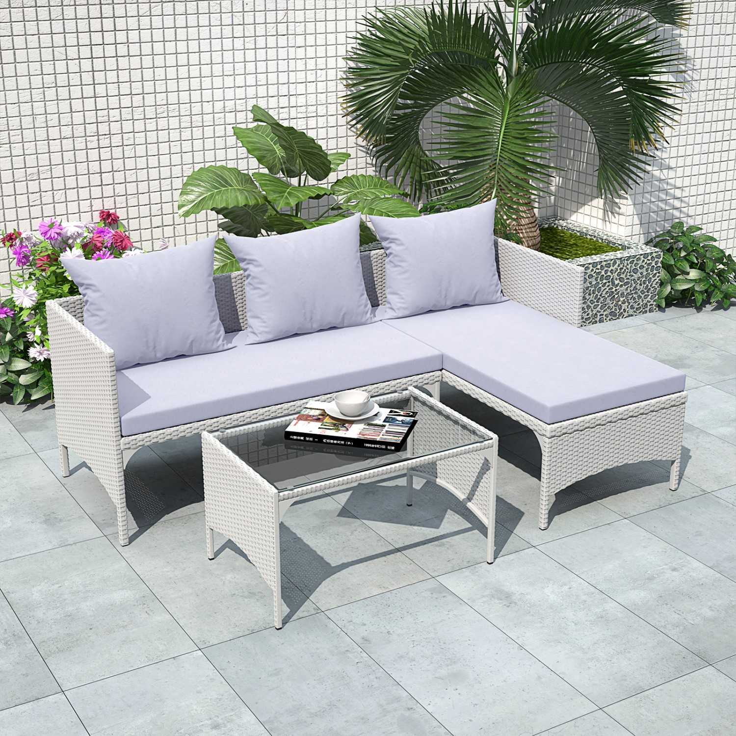 3 Pieces Outdoor Rattan Furniture Patio Sofa Set with Loveseat Lounge Chair Table Grey