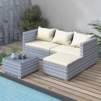 Garden Furniture 4 Seats PE Rattan Patio Set Outdoor Sofa Table with Backrest Cushion Grey