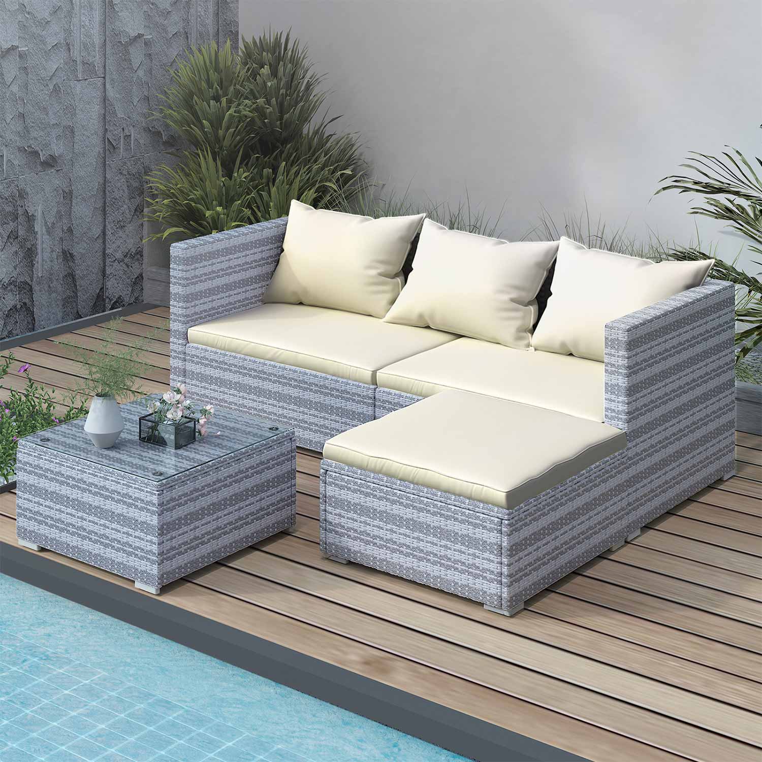 Garden Furniture 4 Seats PE Rattan Patio Set Outdoor Sofa Table with Backrest Cushion Grey